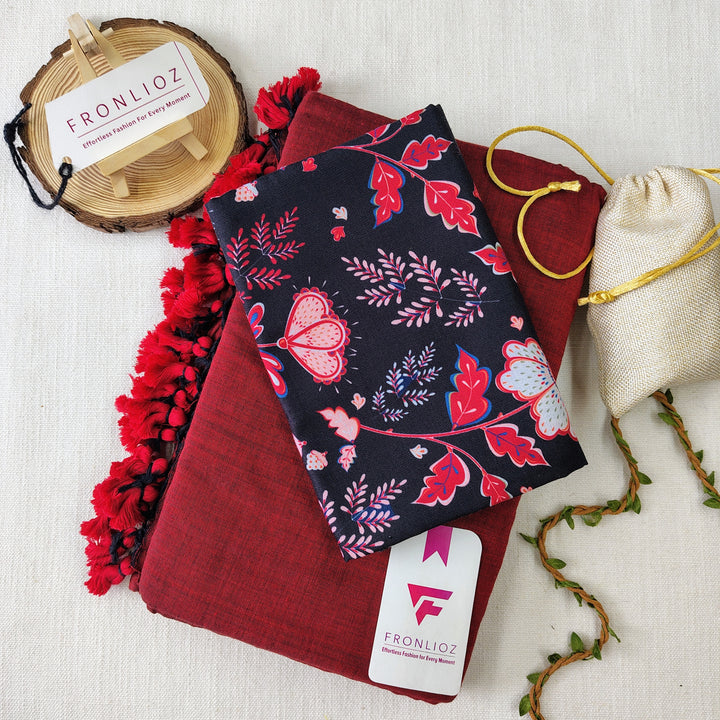 Maroon Handloom Cotton Saree With Tassels & Printed Blouse-Fronlioz
