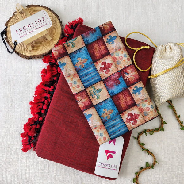 Maroon Handloom Cotton Saree With Tassels & Printed Blouse-Fronlioz
