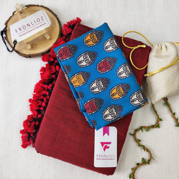 Maroon Handloom Cotton Saree With Tassels & Printed Blouse-Fronlioz