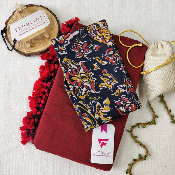 Maroon Handloom Cotton Saree With Tassels & Printed Blouse-Fronlioz