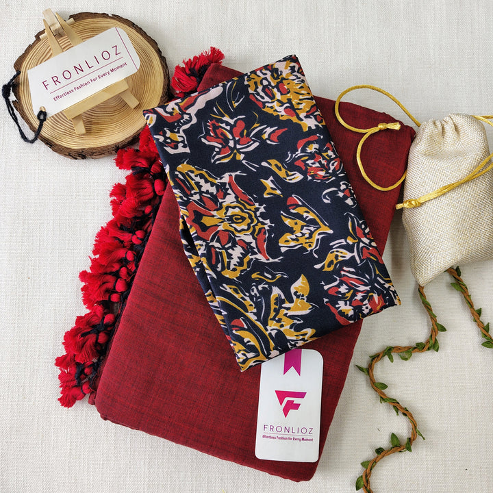 Maroon Handloom Cotton Saree With Tassels & Printed Blouse-Fronlioz