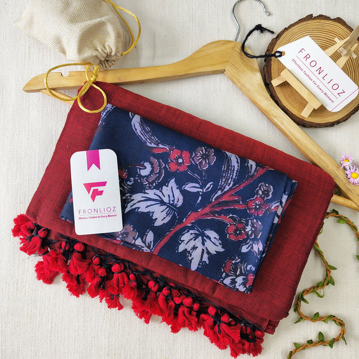 Maroon Handloom Cotton Saree With Tassels & Printed Blouse-Fronlioz