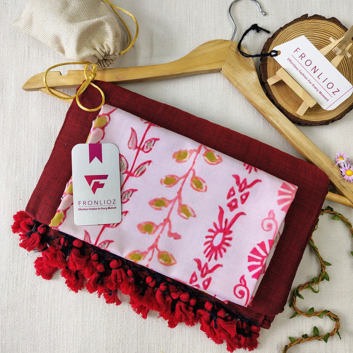 Maroon Handloom Cotton Saree With Tassels & Printed Blouse-Fronlioz
