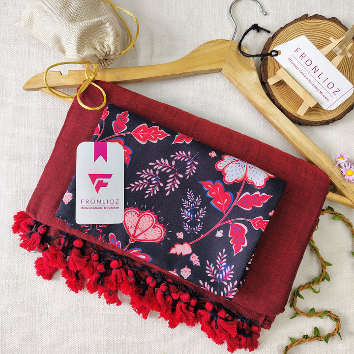 Maroon Handloom Cotton Saree With Tassels & Printed Blouse-Fronlioz