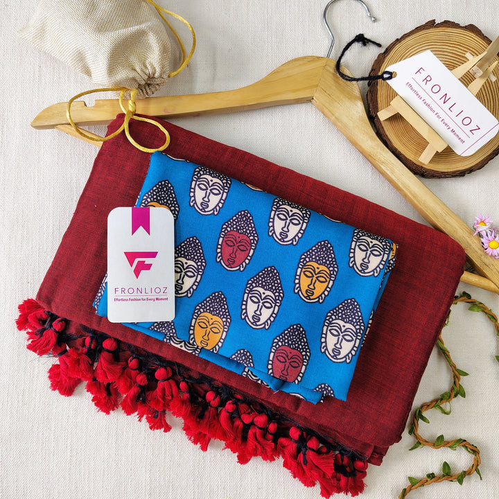 Maroon Handloom Cotton Saree With Tassels & Printed Blouse-Fronlioz