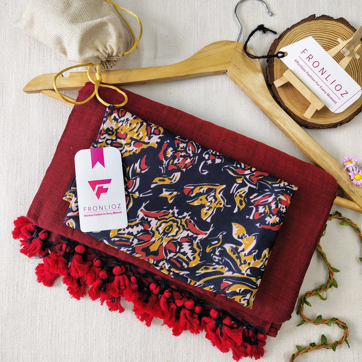 Maroon Handloom Cotton Saree With Tassels & Printed Blouse-Fronlioz