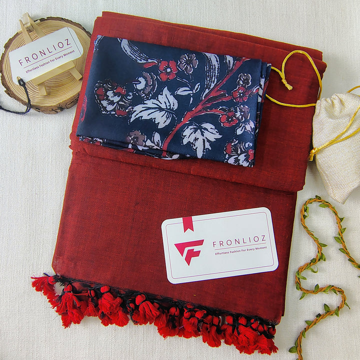 Maroon Handloom Cotton Saree With Tassels & Printed Blouse-Fronlioz