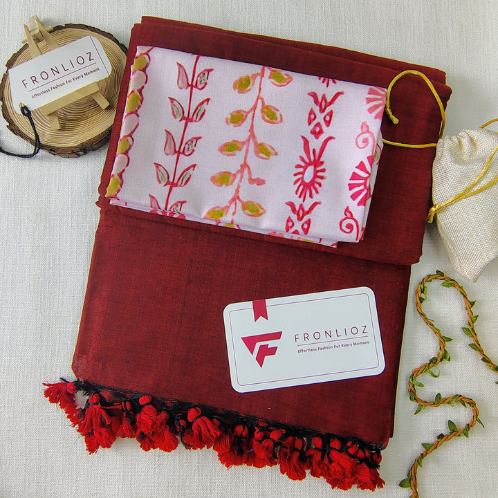 Maroon Handloom Cotton Saree With Tassels & Printed Blouse-Fronlioz