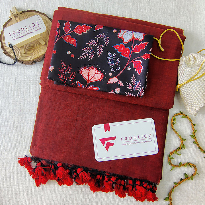 Maroon Handloom Cotton Saree With Tassels & Printed Blouse-Fronlioz