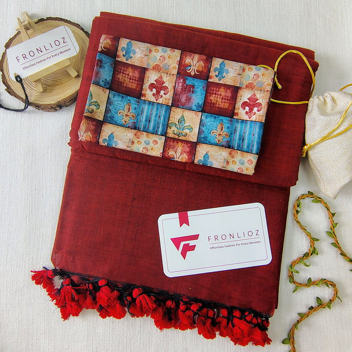 Maroon Handloom Cotton Saree With Tassels & Printed Blouse-Fronlioz