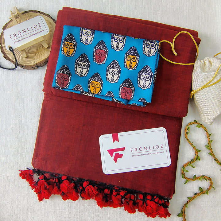 Maroon Handloom Cotton Saree With Tassels & Printed Blouse-Fronlioz