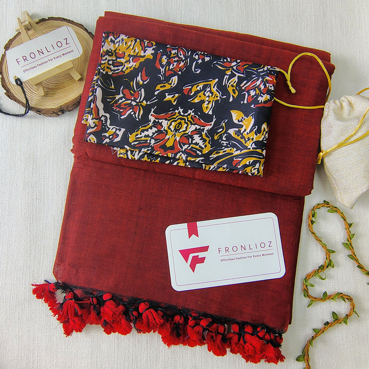 Maroon Handloom Cotton Saree With Tassels & Printed Blouse-Fronlioz