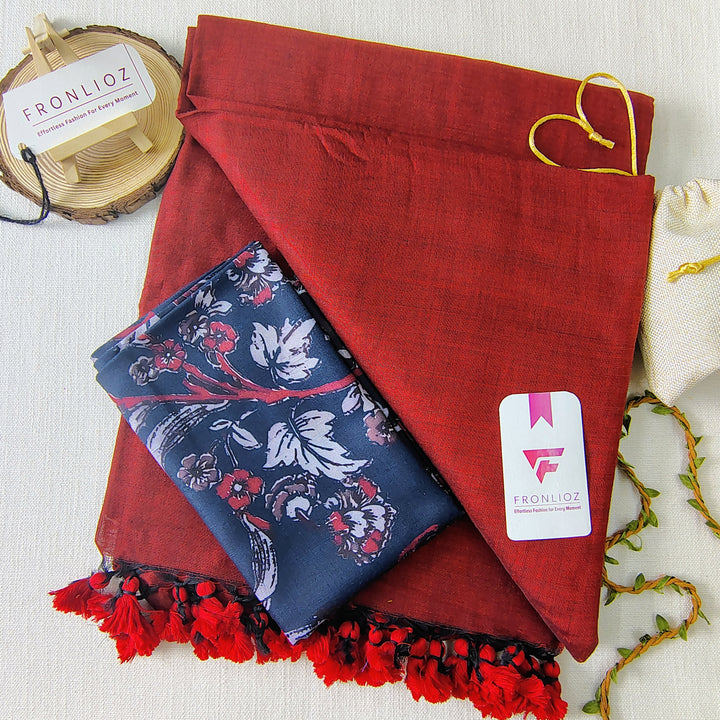 Maroon Handloom Cotton Saree With Tassels & Printed Blouse-Fronlioz