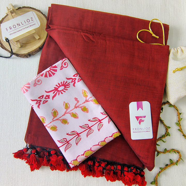 Maroon Handloom Cotton Saree With Tassels & Printed Blouse-Fronlioz