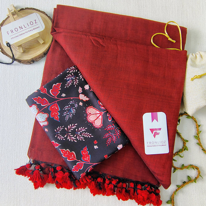 Maroon Handloom Cotton Saree With Tassels & Printed Blouse-Fronlioz