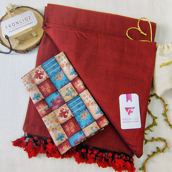 Maroon Handloom Cotton Saree With Tassels & Printed Blouse-Fronlioz