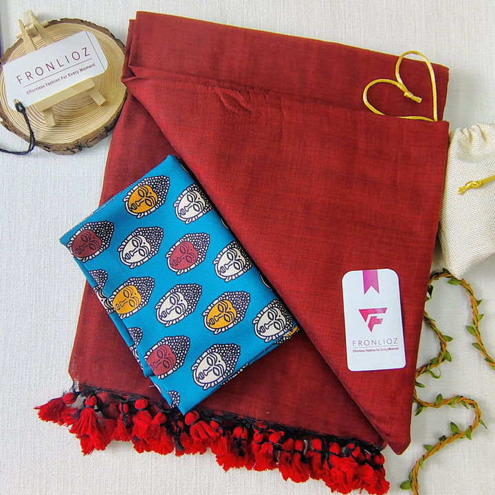 Maroon Handloom Cotton Saree With Tassels & Printed Blouse-Fronlioz