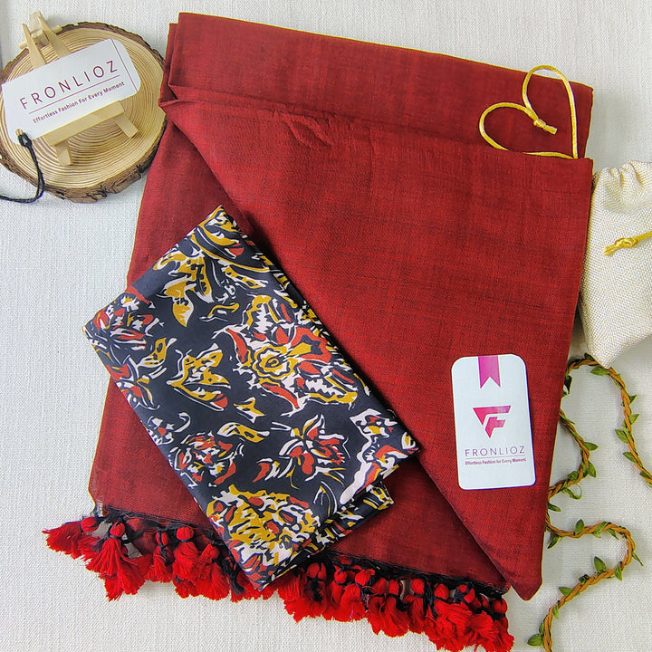 Maroon Handloom Cotton Saree With Tassels & Printed Blouse-Fronlioz