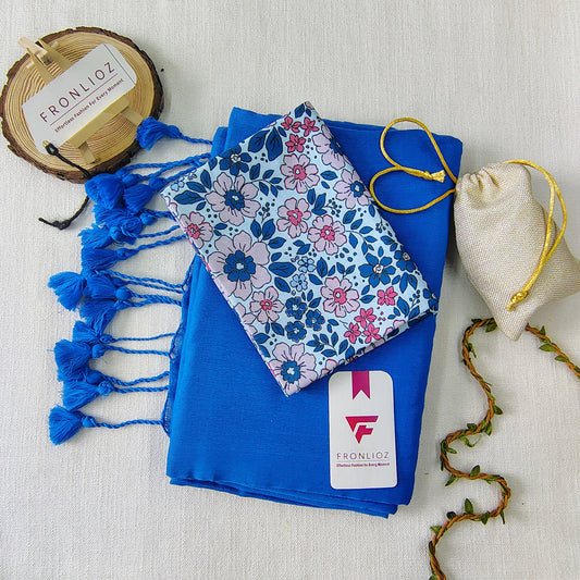 Sky Handloom Cotton Saree With Tassels & Printed Blouse-Fronlioz
