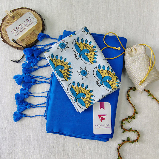 Sky Handloom Cotton Saree With Tassels & Printed Blouse-Fronlioz