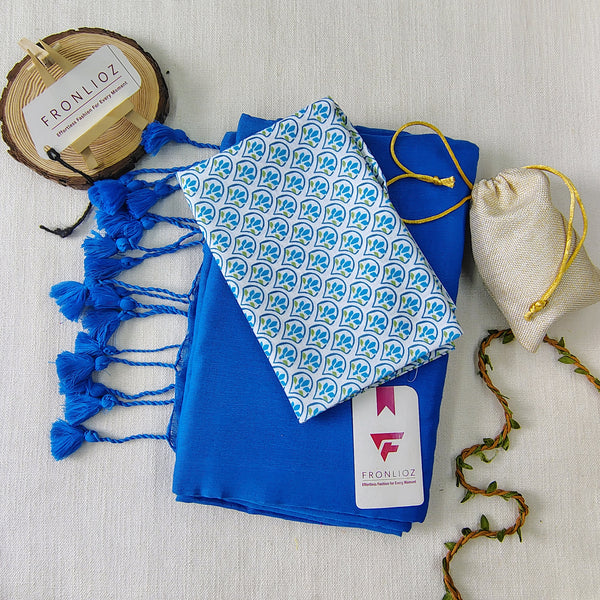 Sky Handloom Cotton Saree With Tassels & Printed Blouse-Fronlioz