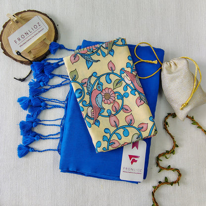 Sky Handloom Cotton Saree With Tassels & Printed Blouse-Fronlioz
