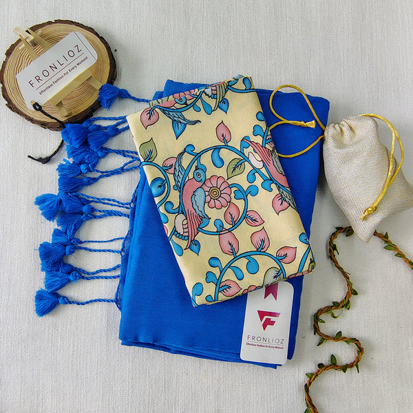 Sky Handloom Cotton Saree With Tassels & Printed Blouse-Fronlioz