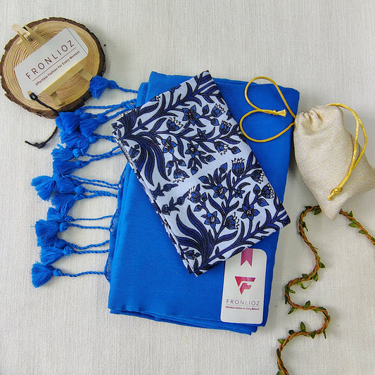 Sky Handloom Cotton Saree With Tassels & Printed Blouse-Fronlioz