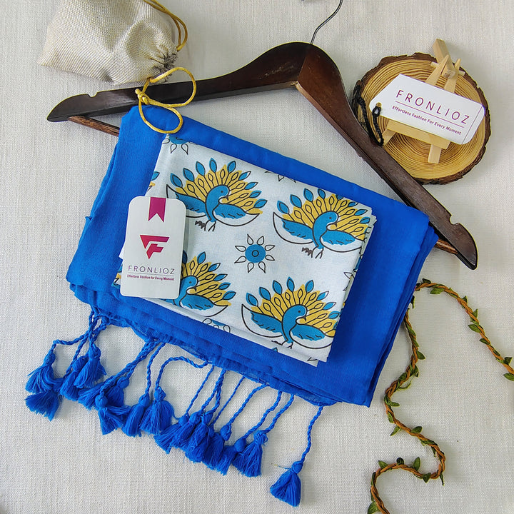 Sky Handloom Cotton Saree With Tassels & Printed Blouse-Fronlioz