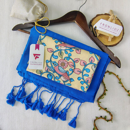 Sky Handloom Cotton Saree With Tassels & Printed Blouse-Fronlioz