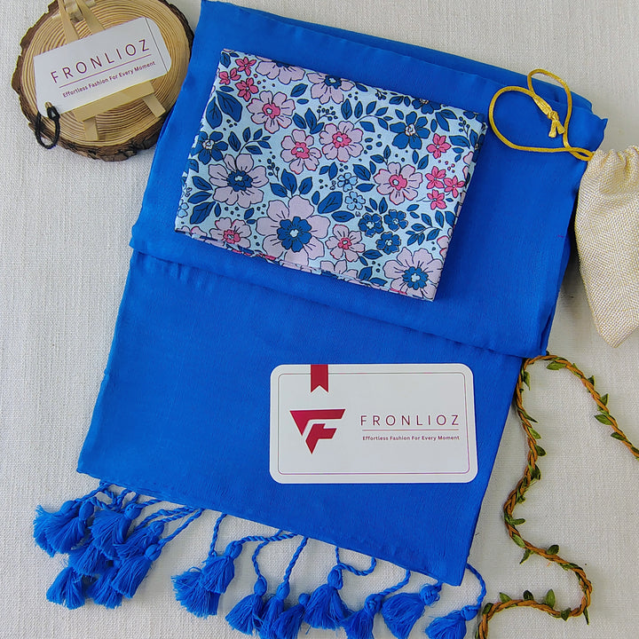 Sky Handloom Cotton Saree With Tassels & Printed Blouse-Fronlioz
