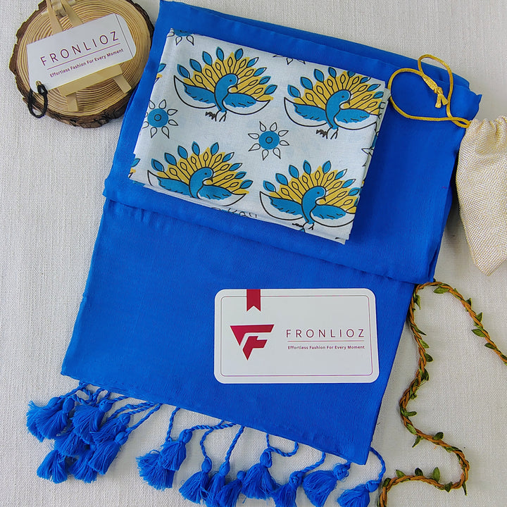 Sky Handloom Cotton Saree With Tassels & Printed Blouse-Fronlioz