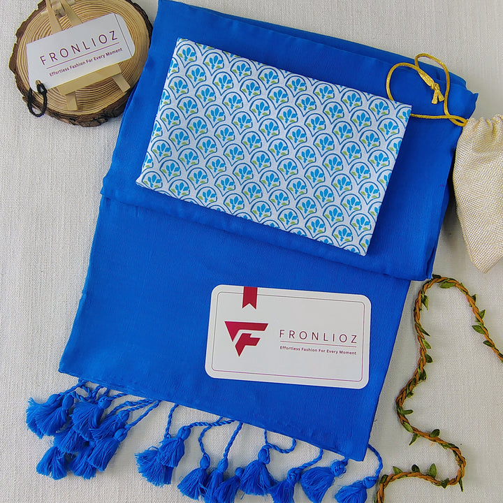 Sky Handloom Cotton Saree With Tassels & Printed Blouse-Fronlioz