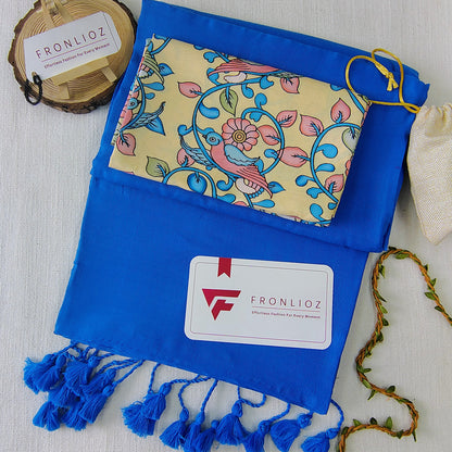 Sky Handloom Cotton Saree With Tassels & Printed Blouse-Fronlioz