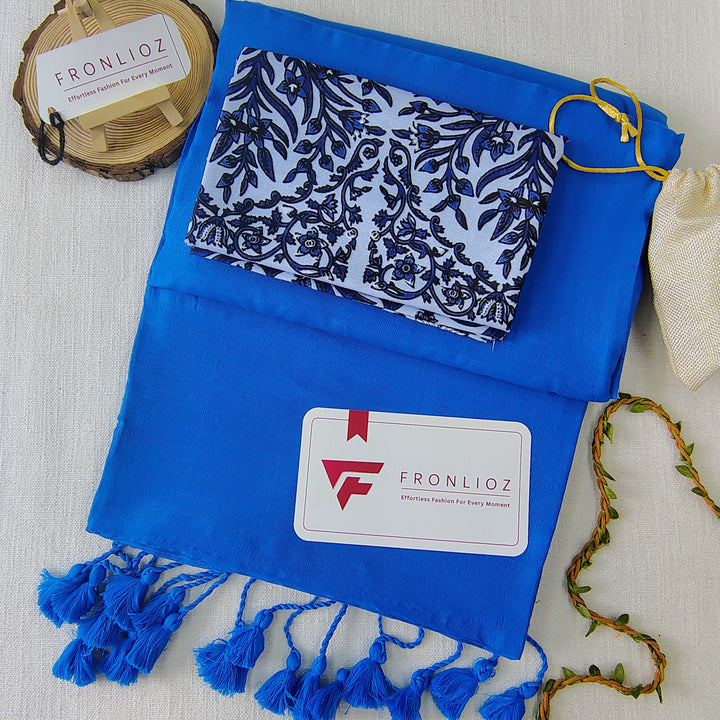Sky Handloom Cotton Saree With Tassels & Printed Blouse-Fronlioz