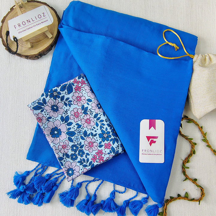 Sky Handloom Cotton Saree With Tassels & Printed Blouse-Fronlioz