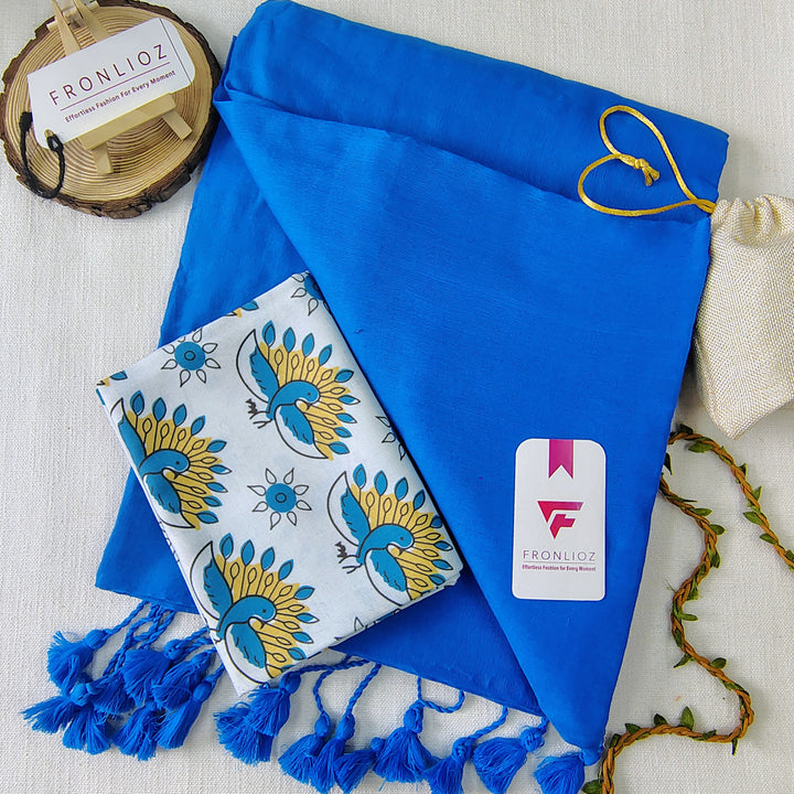 Sky Handloom Cotton Saree With Tassels & Printed Blouse-Fronlioz