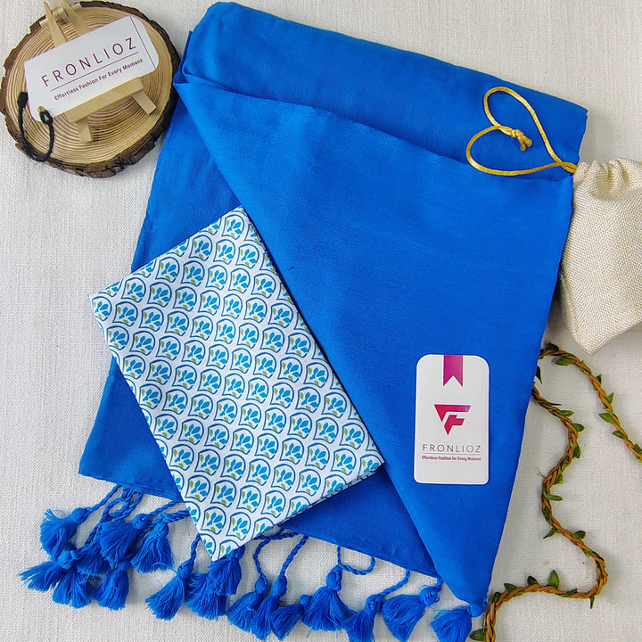 Sky Handloom Cotton Saree With Tassels & Printed Blouse-Fronlioz