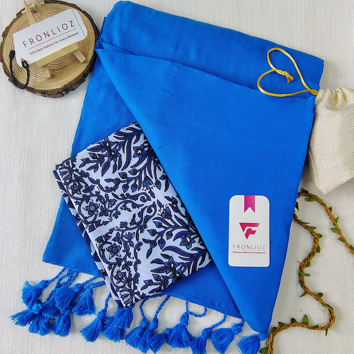 Sky Handloom Cotton Saree With Tassels & Printed Blouse-Fronlioz