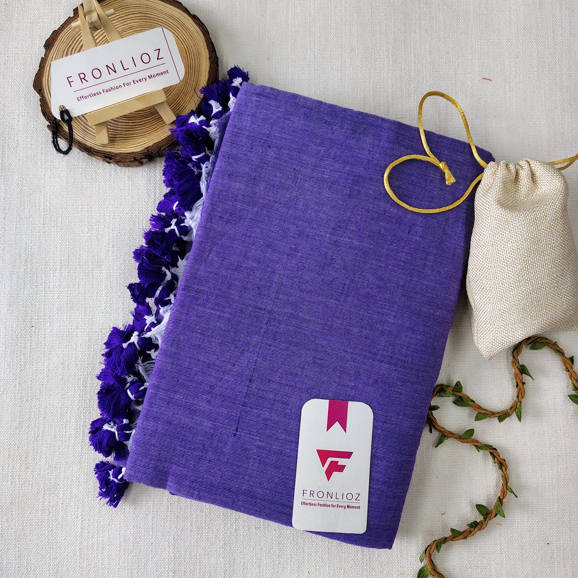 Violet Handloom Cotton Saree With PomPom-Fronlioz