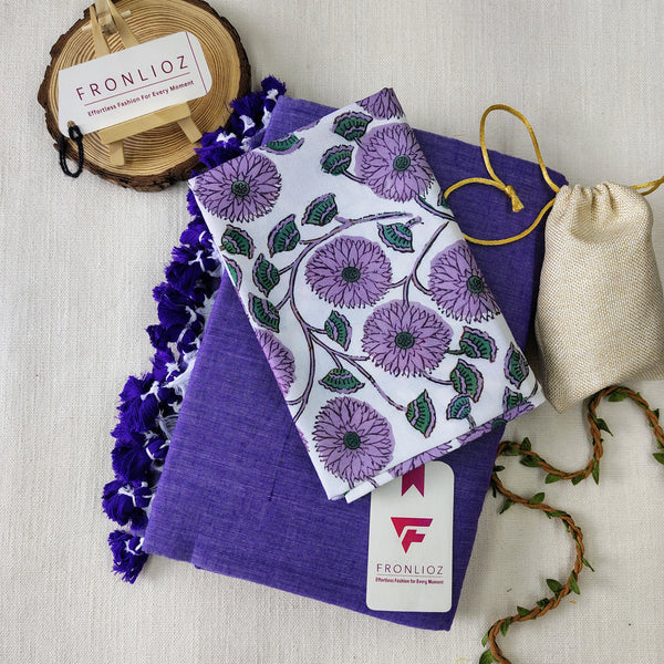 Purple Handloom Cotton Saree With Tassels & Printed Blouse-Fronlioz