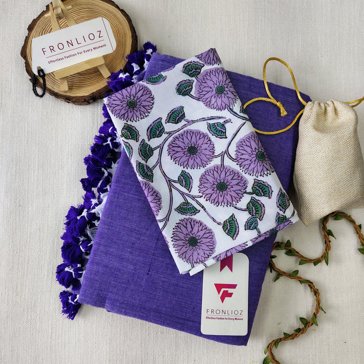 Purple Handloom Cotton Saree With Tassels & Printed Blouse-Fronlioz