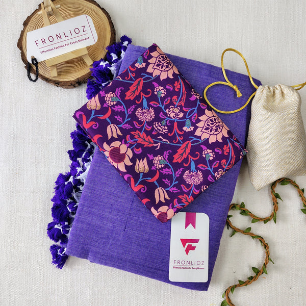 Purple Handloom Cotton Saree With Tassels & Printed Blouse-Fronlioz