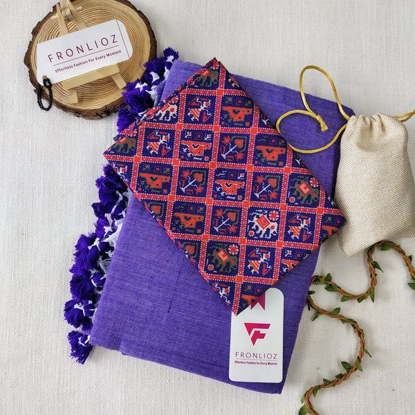 Purple Handloom Cotton Saree With Tassels & Printed Blouse-Fronlioz