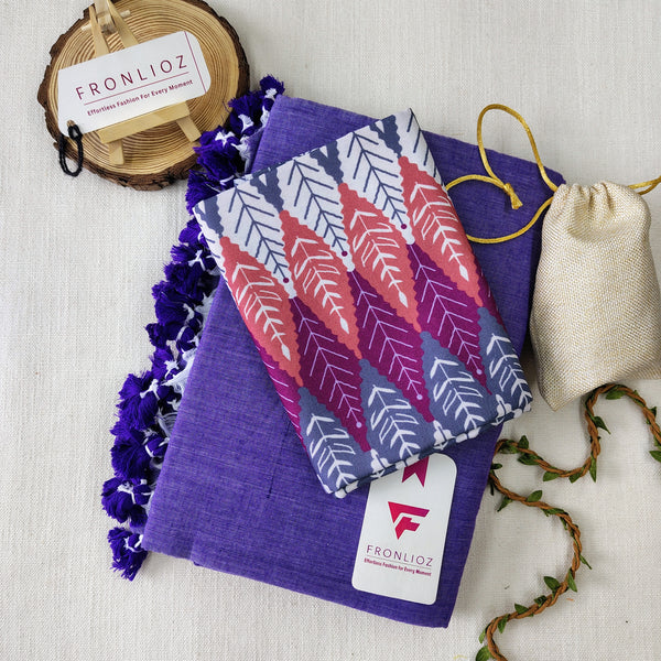Purple Handloom Cotton Saree With Tassels & Printed Blouse-Fronlioz