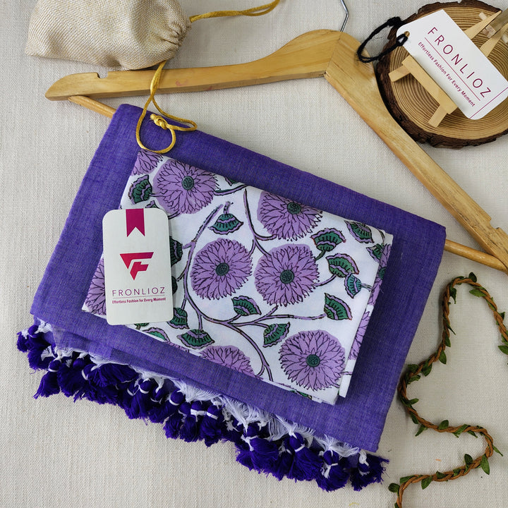 Purple Handloom Cotton Saree With Tassels & Printed Blouse-Fronlioz