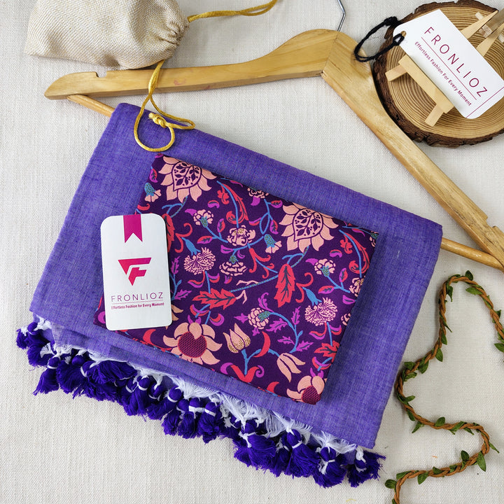 Purple Handloom Cotton Saree With Tassels & Printed Blouse-Fronlioz