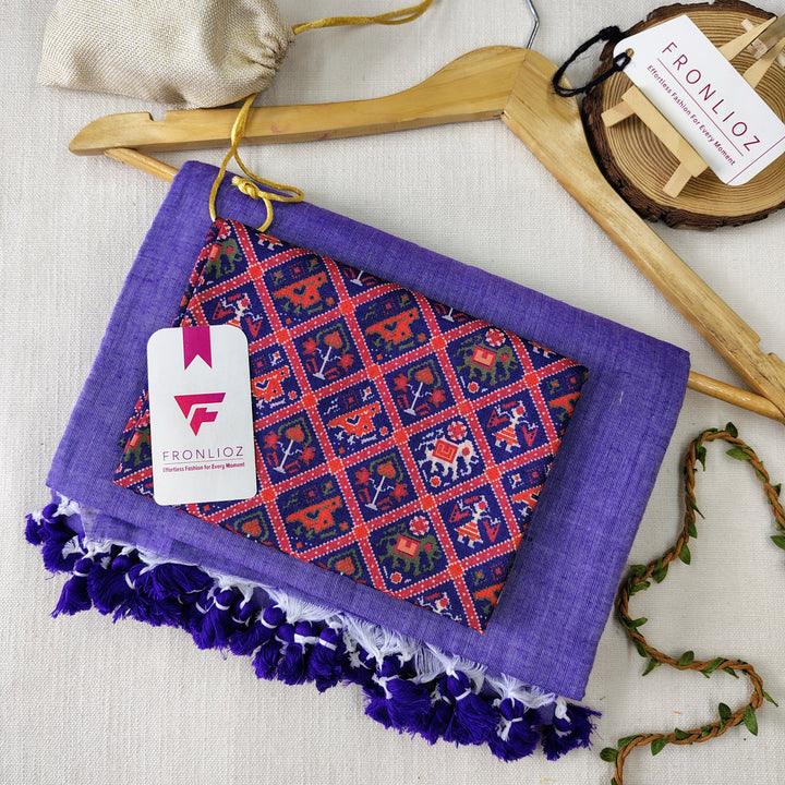 Purple Handloom Cotton Saree With Tassels & Printed Blouse-Fronlioz