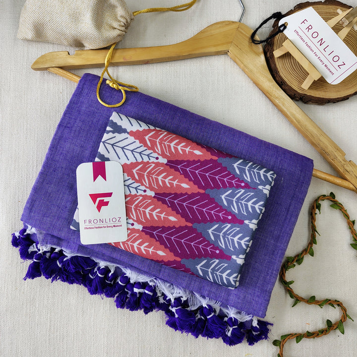 Purple Handloom Cotton Saree With Tassels & Printed Blouse-Fronlioz