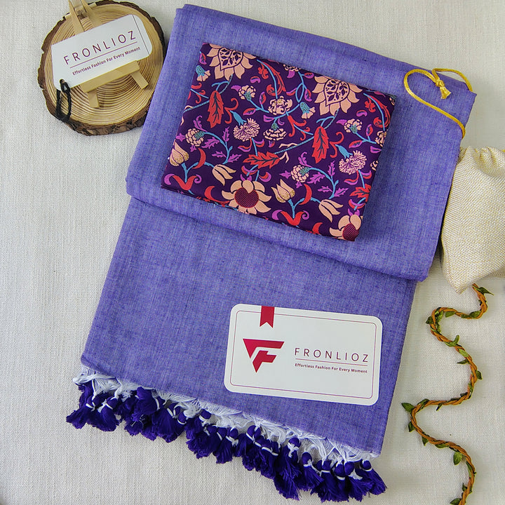 Purple Handloom Cotton Saree With Tassels & Printed Blouse-Fronlioz